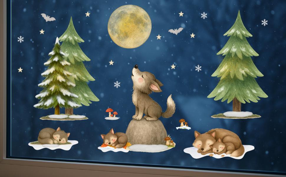 Fensterbild Winterwald mit Wölfen – Waldtier-Deko für zimmer – statisch haftend & wiederverwendbar – 