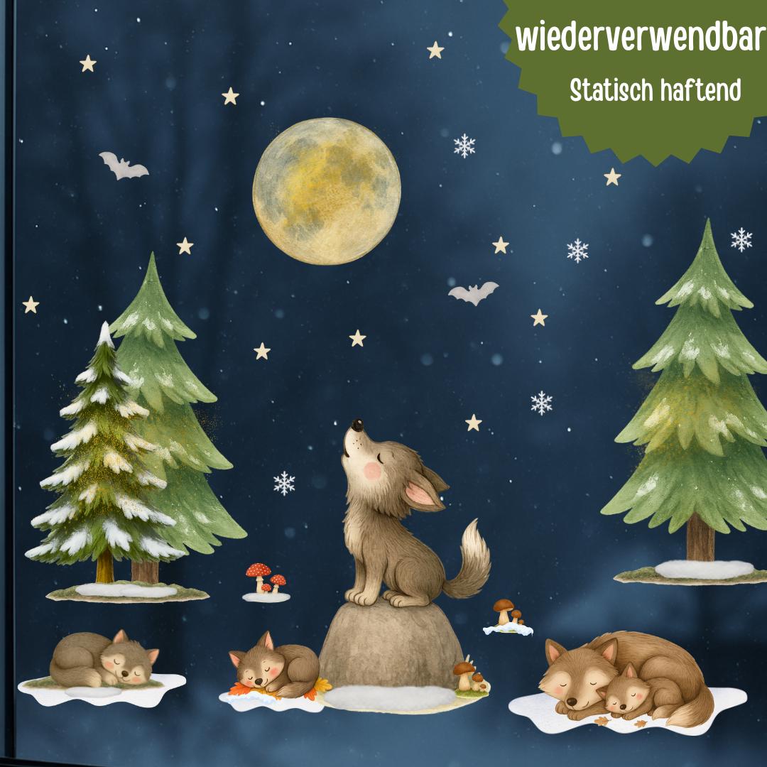 Fensterbild Winterwald mit Wölfen – Waldtier-Deko für zimmer – statisch haftend & wiederverwendbar – 