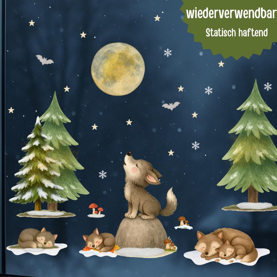 Fensterbild Winterwald mit Wölfen – Waldtier-Deko für zimmer – statisch haftend & wiederverwendbar – 