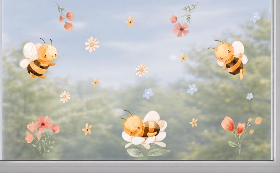 Fensterbild Bienen & Blumen – Frühlingshafte Fensterdeko für Kinder, statisch haftend und wiederverwendbar – 