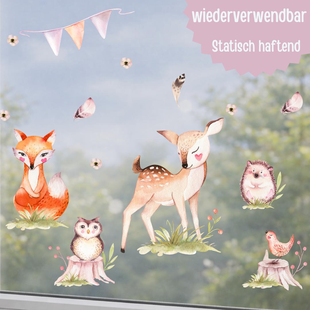 Fensterdeko Frühling – Waldtiere am Fenster, Fuchs, Reh & Eule als Fensterbild – 