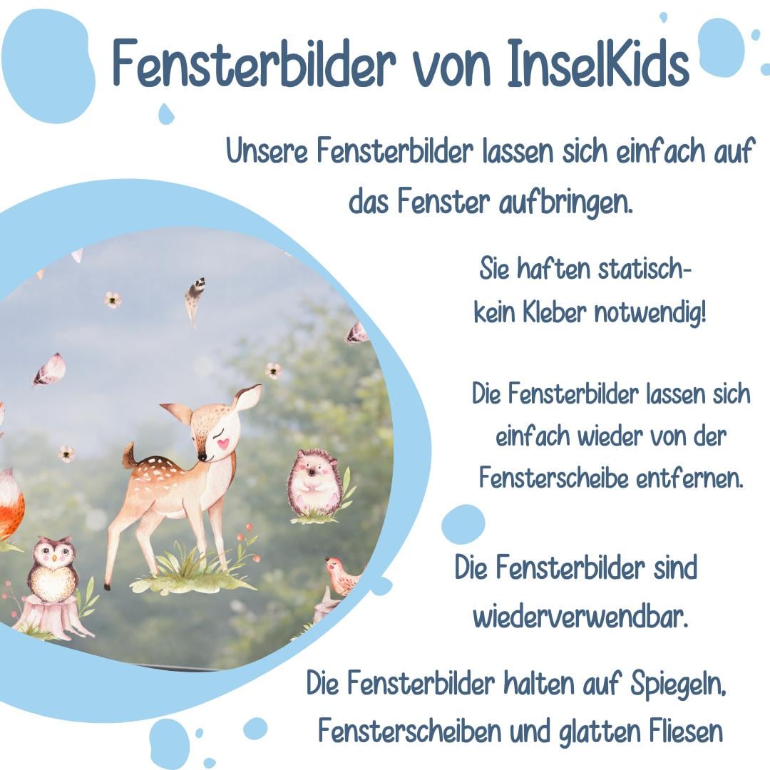 Fensterdeko Frühling – Waldtiere am Fenster, Fuchs, Reh & Eule als Fensterbild – 