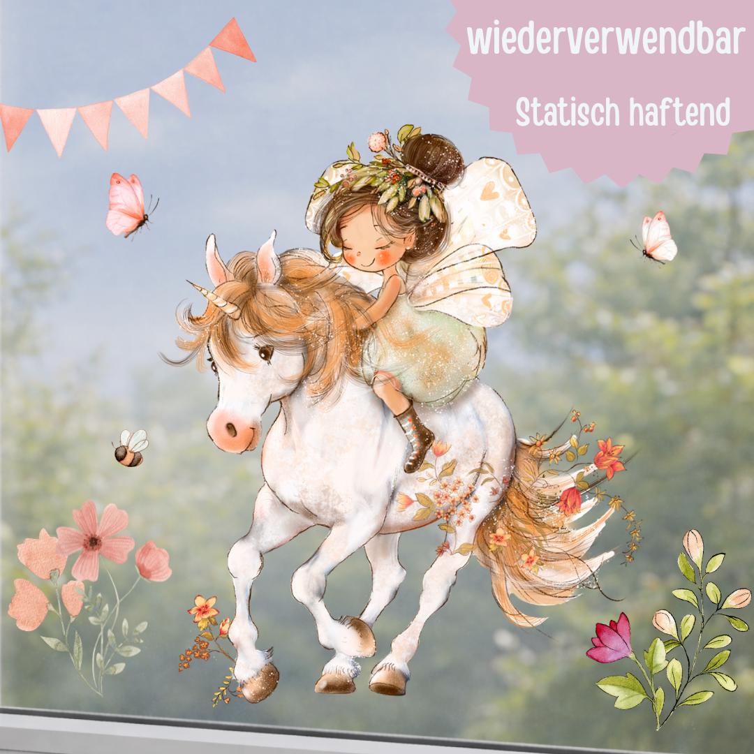 Fensterdeko Frühling mit Einhorn– Fensterbild mit Blumen & Schmetterlingen, frühlingshafte Fensterdeko – 