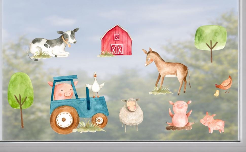 Fensterdeko Bauernhof und Traktor – Fensterbild Bauernhof mit Tieren, liebevolle Bauernhof-Fensterdeko für zimmer – 