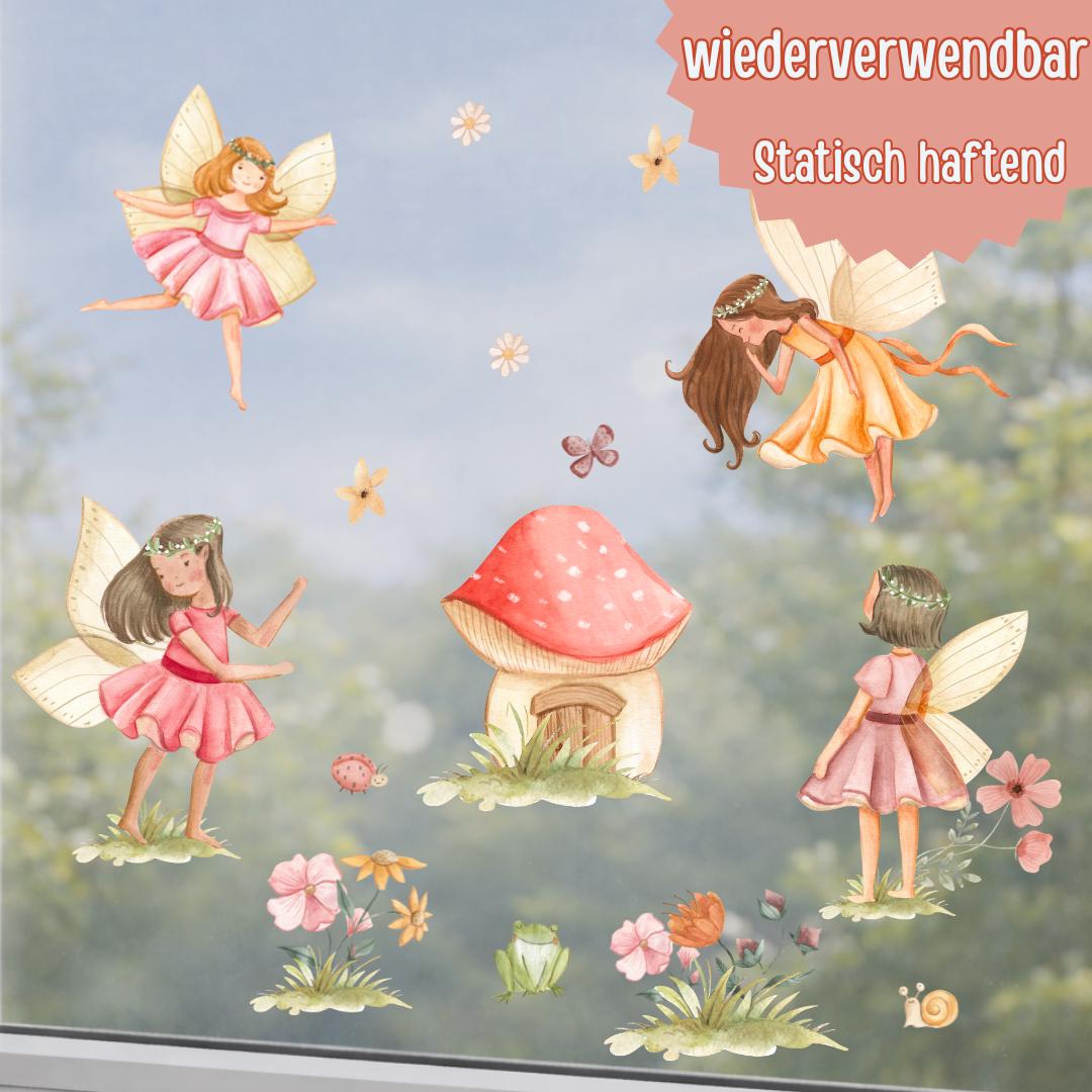 Fensterdeko Frühling – Fensterbild mit Feen, Blumen & Naturmotiven, frühlingshafte Feen-Fensterdeko – 