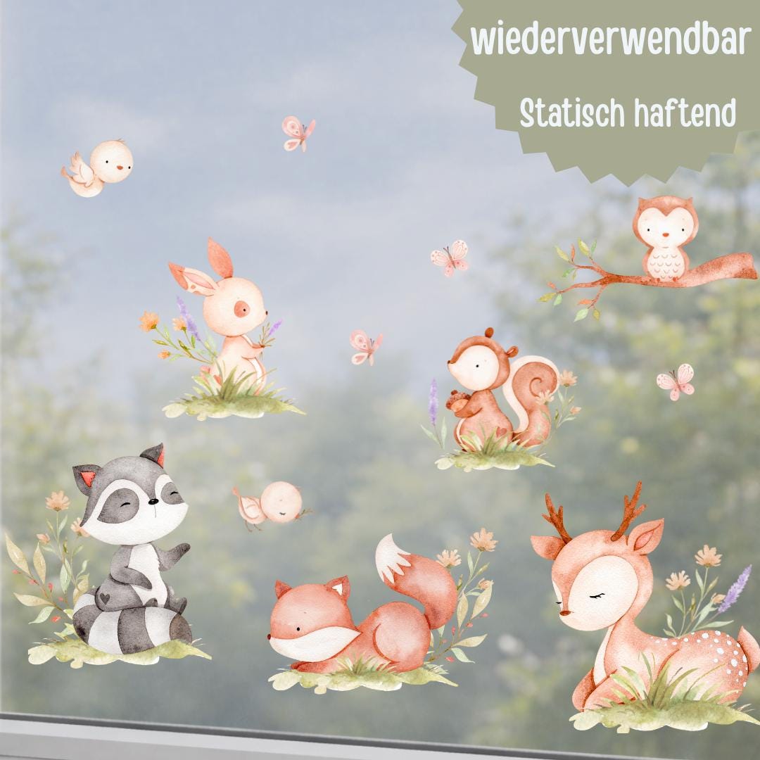 Fensterdeko Frühling – Fensterbild mit Waldtieren, sanfte Frühlingsdeko fürs Kinderzimmer – 