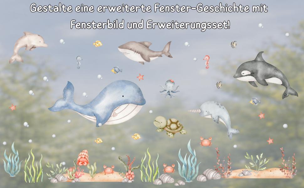 Fensterbild Meerestiere für – Unterwasser Fensterdeko mit Wal & Delfin – statisch haftend und wiederverwendbar – 