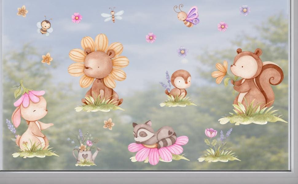 Fensterbild Frühling mit Tieren & Blumen – statisch haftende Fensterdeko – wiederverwendbar – 