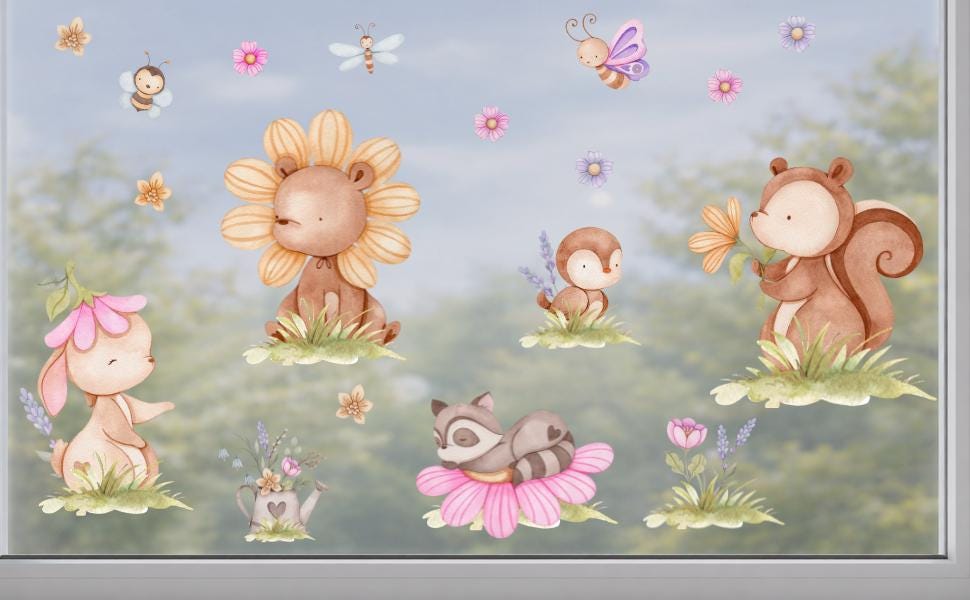 Fensterbild Frühling mit Tieren & Blumen – statisch haftende Fensterdeko – wiederverwendbar – 