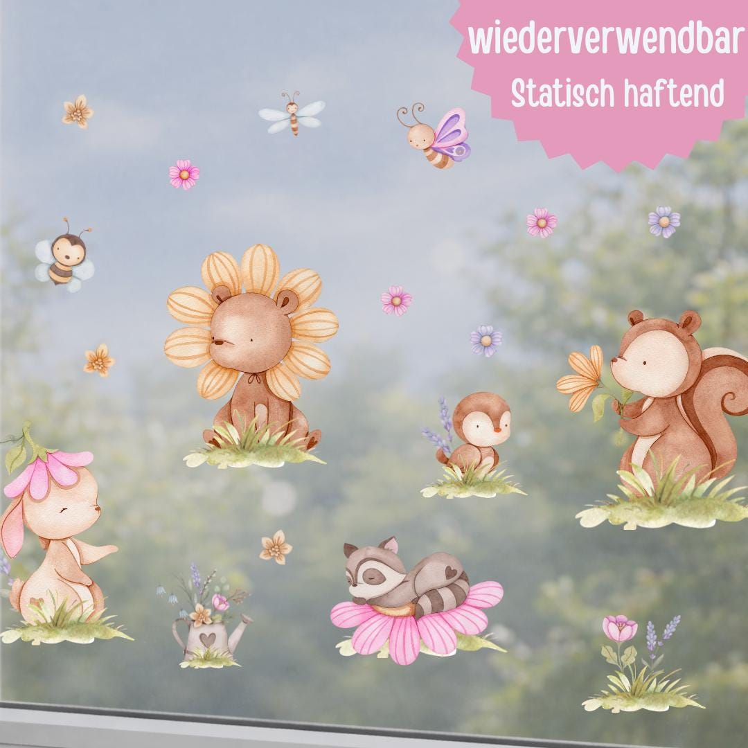 Fensterbild Frühling mit Tieren & Blumen – statisch haftende Fensterdeko – wiederverwendbar – 