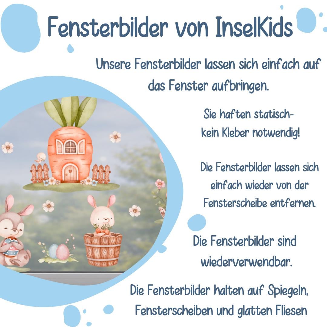Fensterdeko Frühling – Fensterbild mit Häschen & Möhrenhaus, frühlingshafte Fensterdeko mit Blumen – 