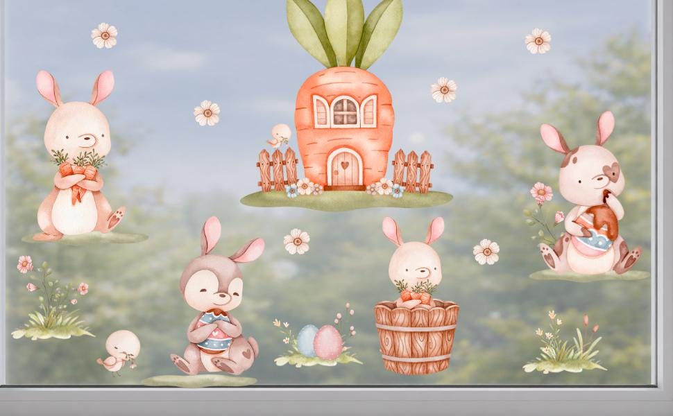 Fensterdeko Frühling – Fensterbild mit Häschen & Möhrenhaus, frühlingshafte Fensterdeko mit Blumen – 
