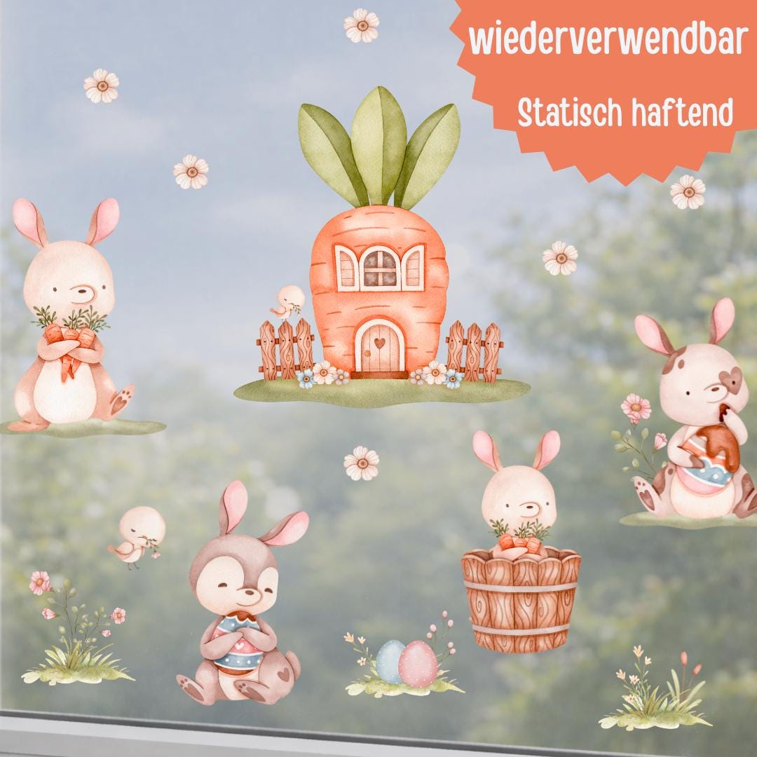 Fensterdeko Frühling – Fensterbild mit Häschen & Möhrenhaus, frühlingshafte Fensterdeko mit Blumen – 