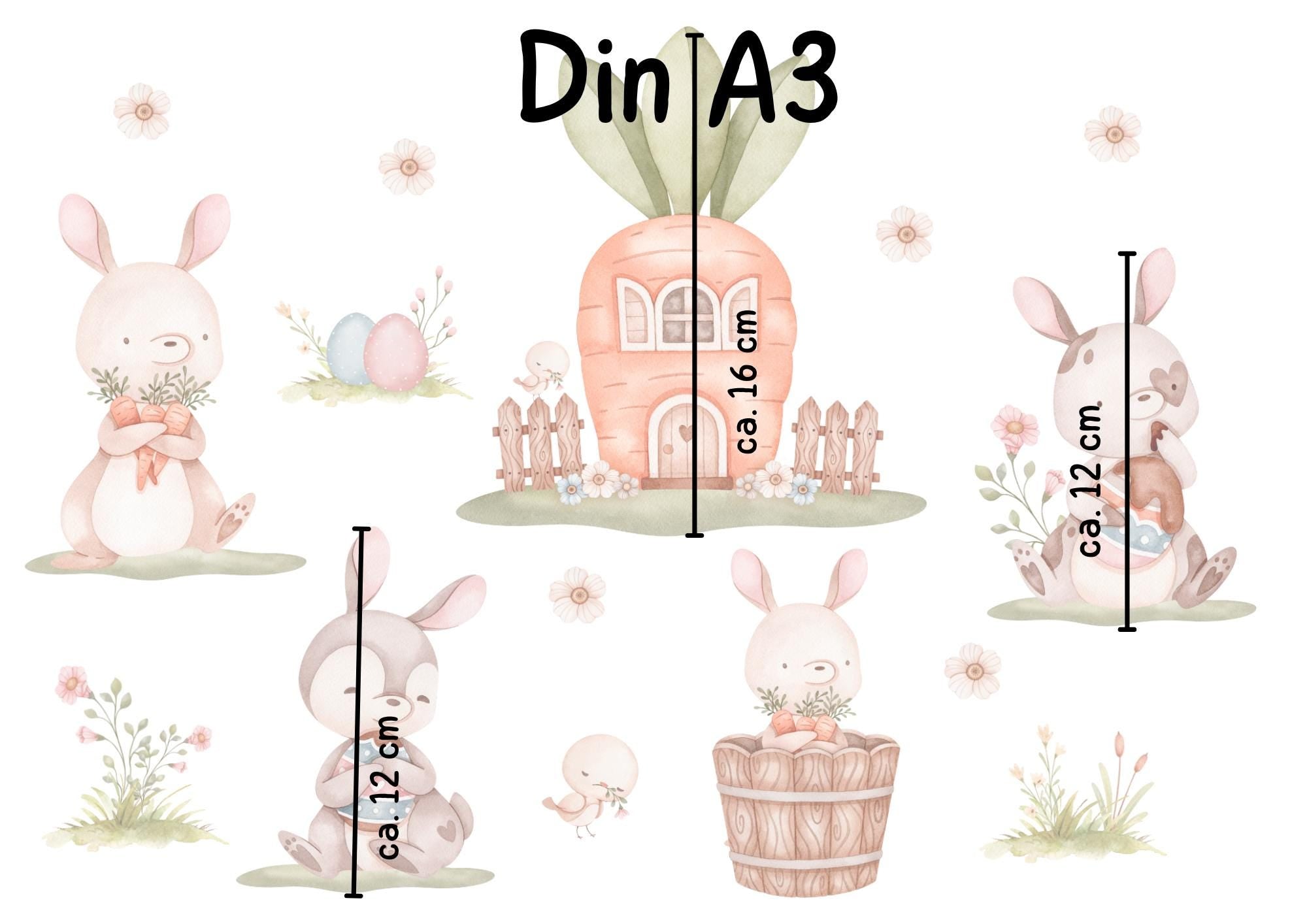 Fensterdeko Frühling – Fensterbild mit Häschen & Möhrenhaus, frühlingshafte Fensterdeko mit Blumen – 