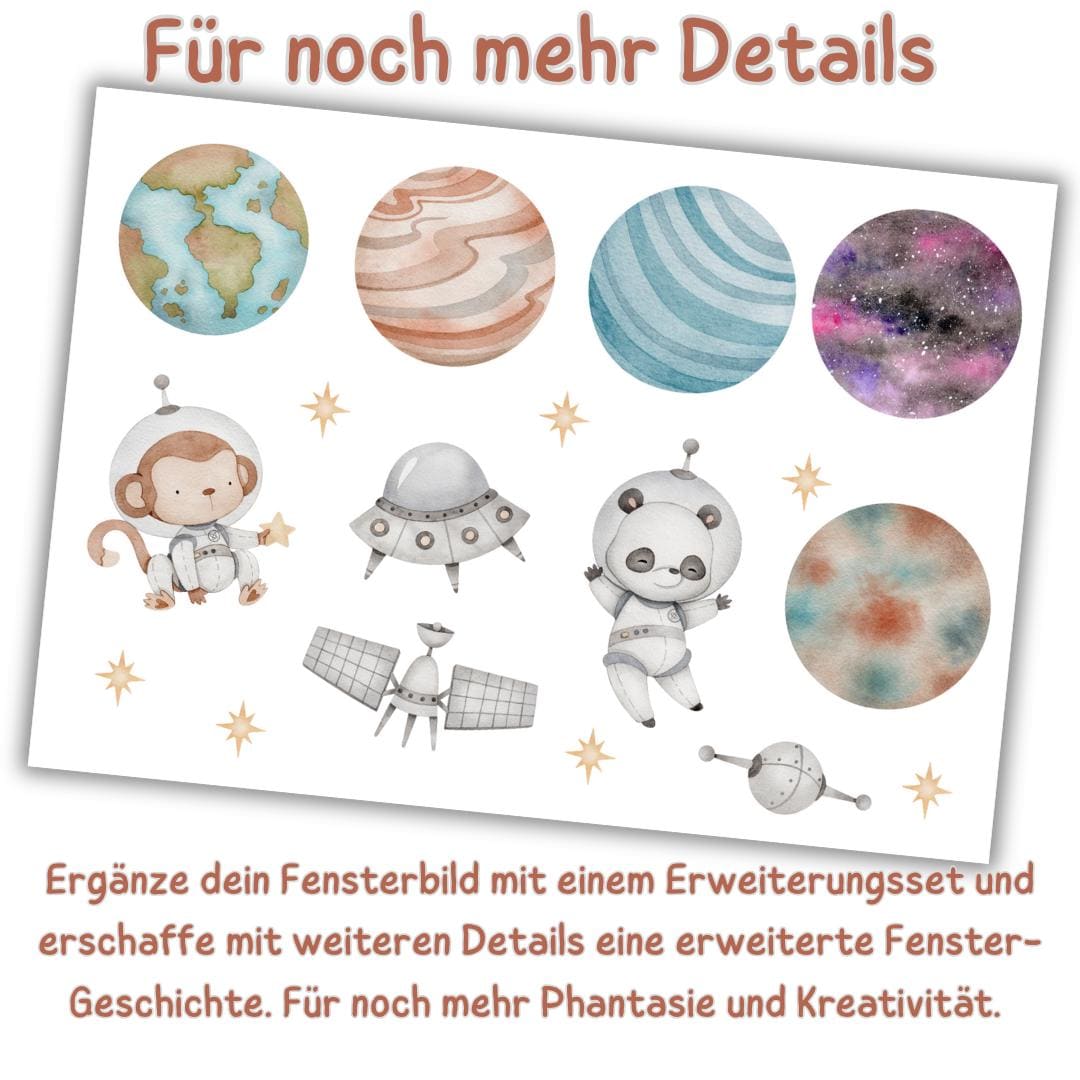 Fensterdeko Weltraum – Fensterbild mit Astronaut, Rakete & Planeten, fantasievolle Fensterdeko fürs zimmer – 