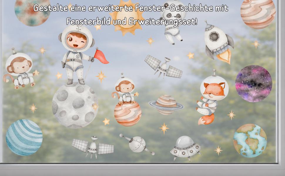 Fensterdeko Weltraum – Fensterbild mit Astronaut, Rakete & Planeten, fantasievolle Fensterdeko fürs zimmer – 