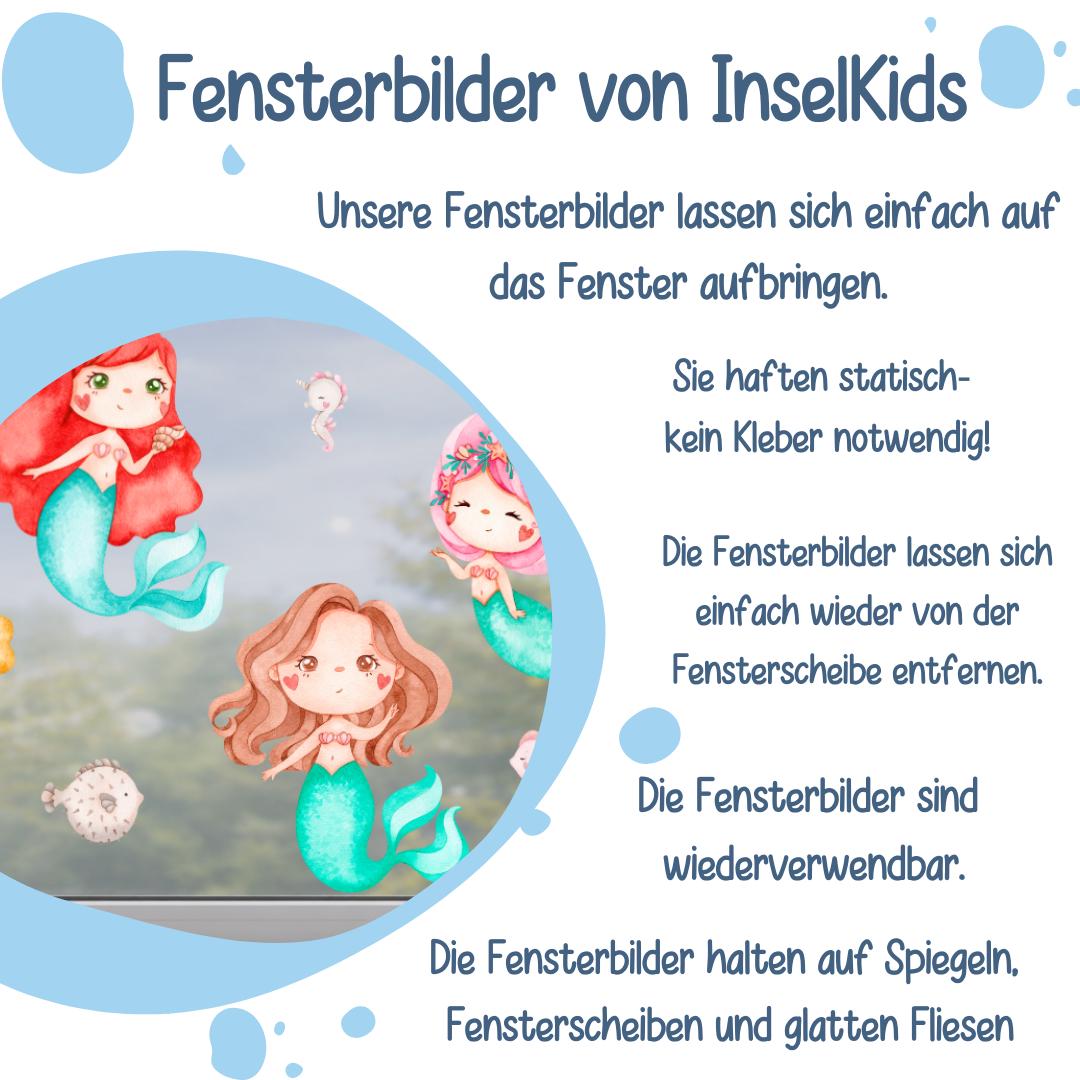 Fensterdeko Meerjungfrau – Fensterbild Unterwasserwelt mit Meerjungfrauen & Meerestieren fürs zimmer – 