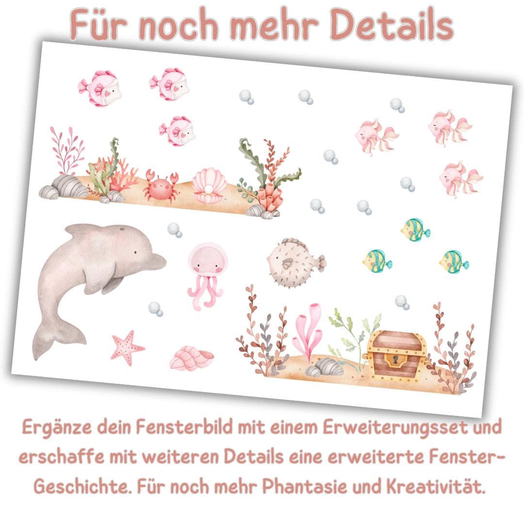 Fensterdeko Meerjungfrau – Fensterbild Unterwasserwelt mit Meerjungfrauen & Meerestieren fürs zimmer – 