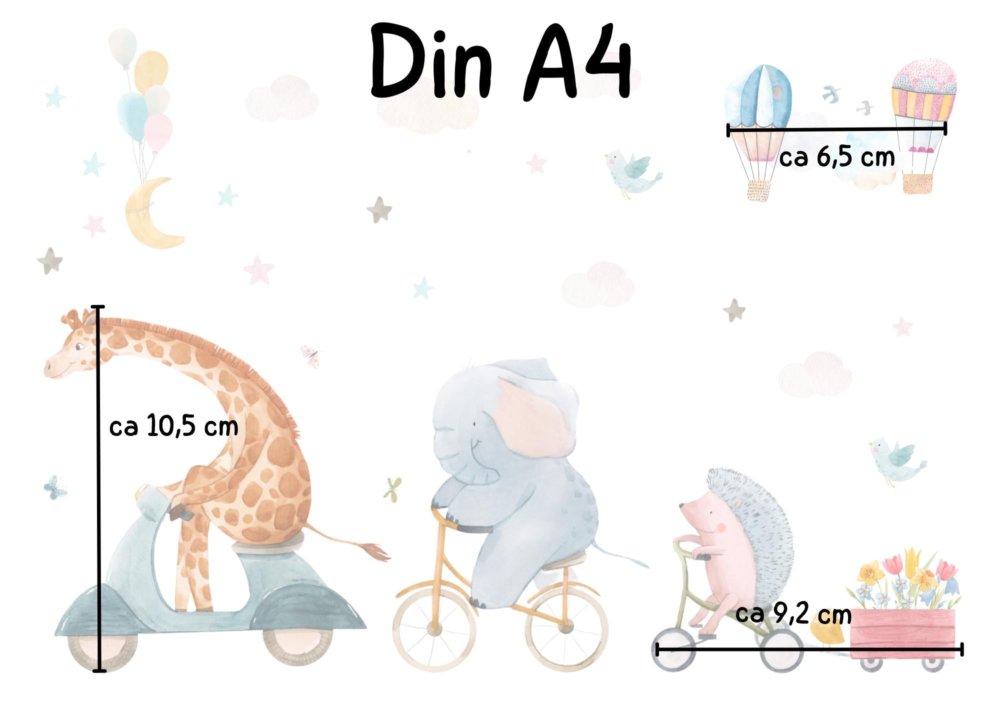 Frühlings-Fensterbilder Kinderzimmer – Tiere auf Rädern – Giraffe, Elefant & Igel – statisch haftende Fensterdeko – 