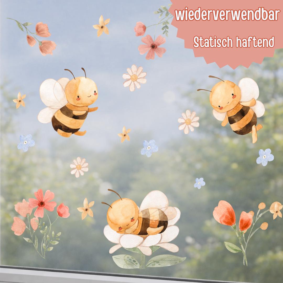 Fensterbild Bienen & Blumen – Frühlingshafte Fensterdeko für Kinder, statisch haftend und wiederverwendbar – 