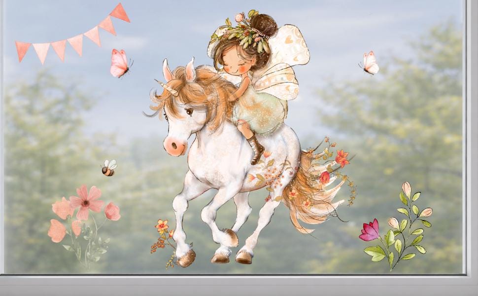 Fensterdeko Frühling mit Einhorn– Fensterbild mit Blumen & Schmetterlingen, frühlingshafte Fensterdeko – 