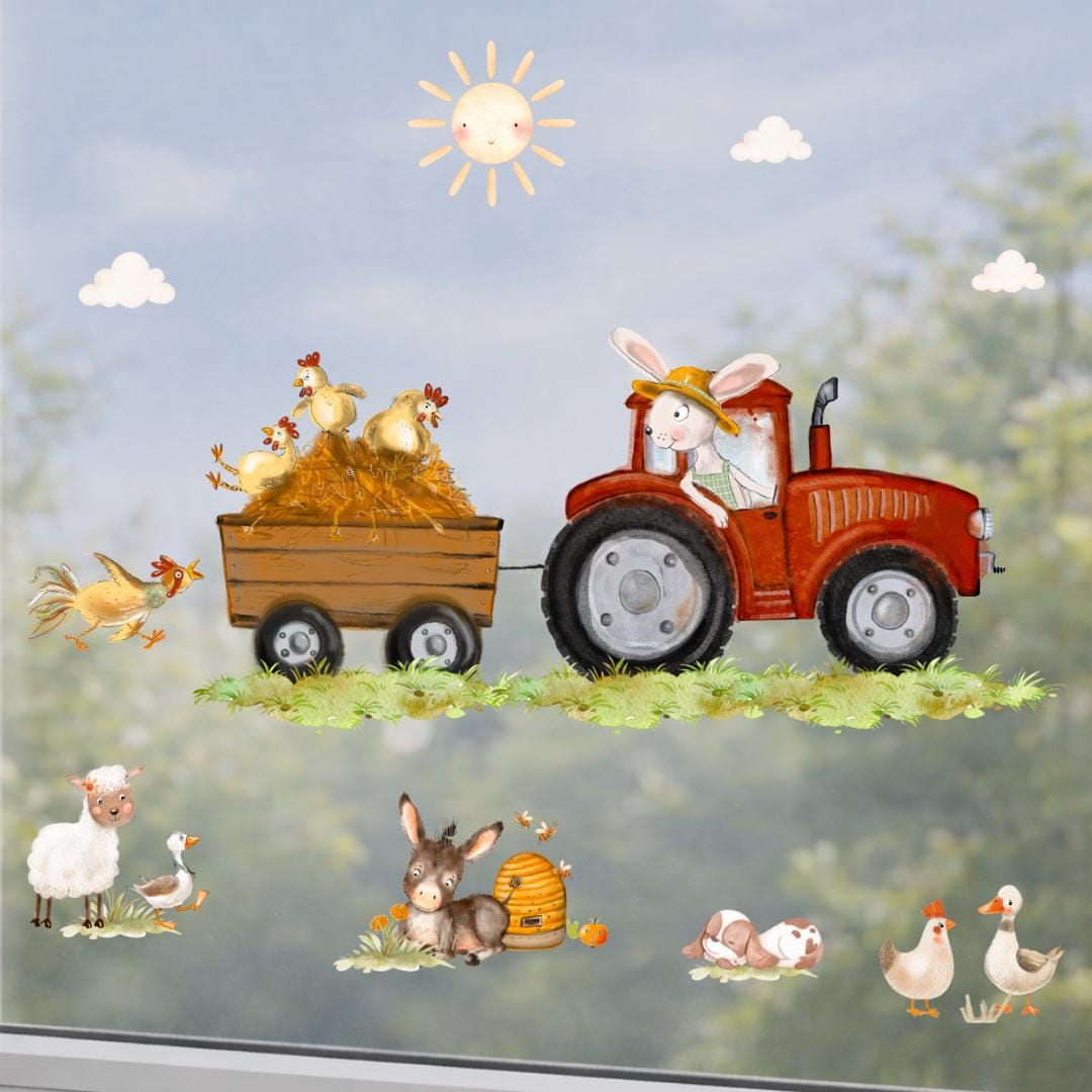Fensterdeko mit Traktor – Fensterbild Bauernhof mit Tieren, liebevolle Bauernhof-Fensterdeko – 