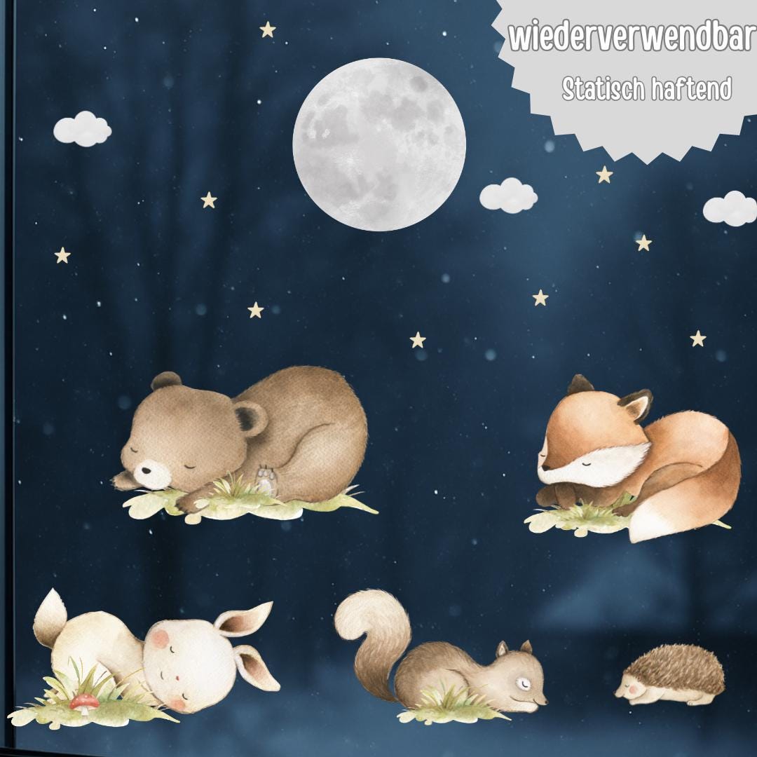 Fensterdeko Nacht – Fensterbild mit Mond, Sternen & schlafenden Waldtieren, ruhige Fensterdeko für zimmer – 