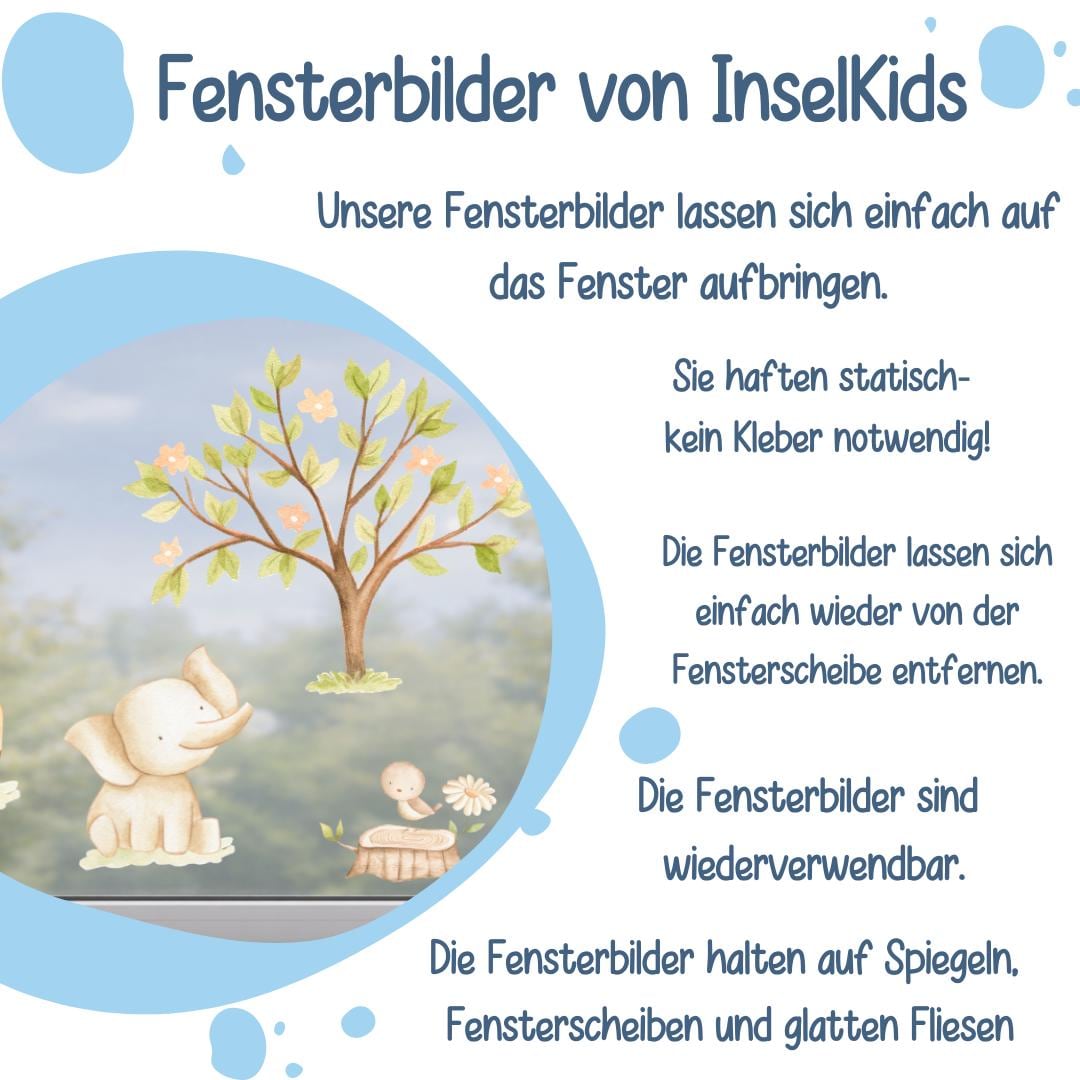 Fensterdeko Frühling – Fensterbild mit Safari-Tieren, Baum & Blumen, frühlingshafte Fensterdeko für Kinderzimmer – 