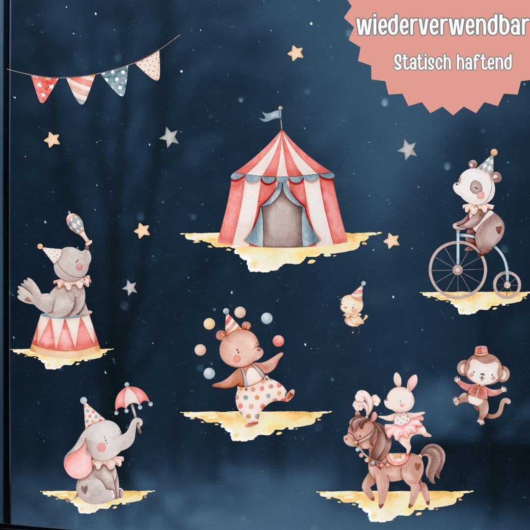 Fensterdeko Zirkus – Fensterbild mit Zirkustieren, Zirkuszelt & Fantasiemotiven für zimmer – 