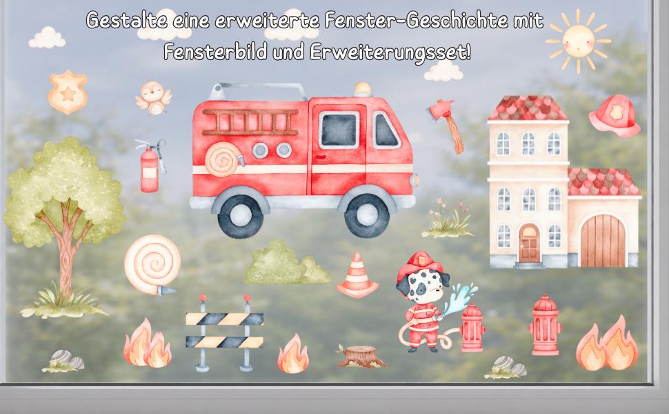 Fensterbild Feuerwehr – Feuerwehrauto & Feuerwehrhund – statisch haftende Fensterdeko – wiederverwendbar – 