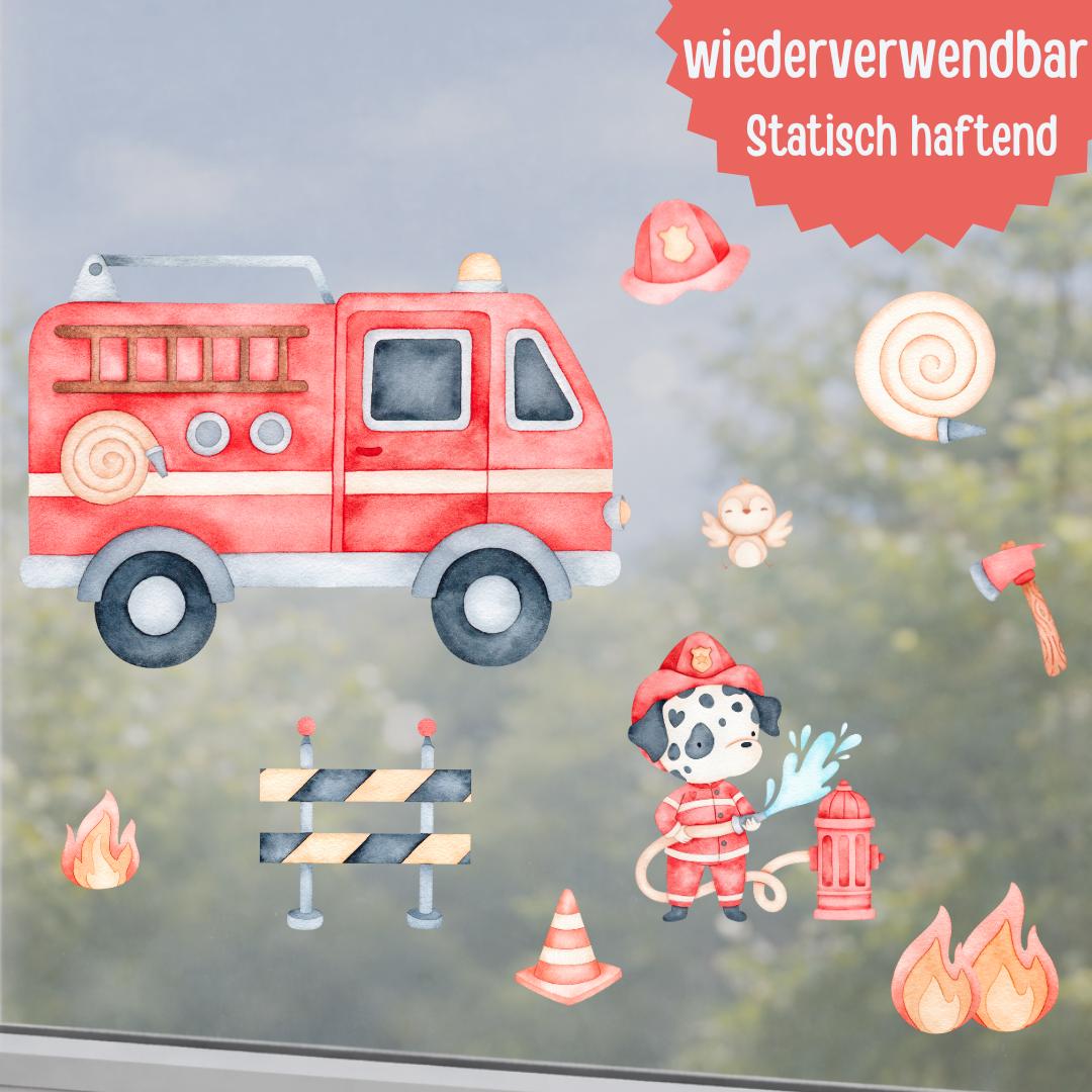 Fensterbild Feuerwehr – Feuerwehrauto & Feuerwehrhund – statisch haftende Fensterdeko – wiederverwendbar – 