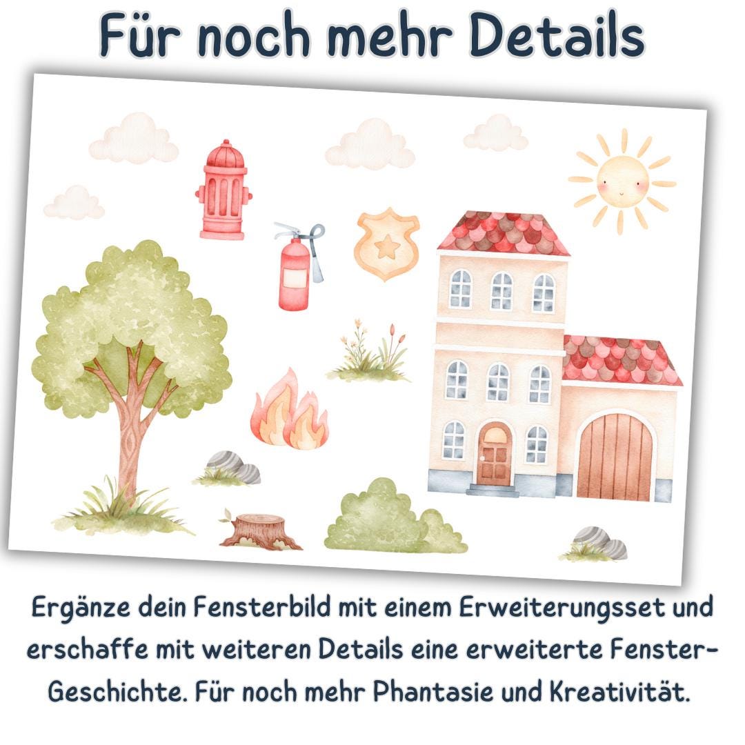 Fensterbild Feuerwehr – Feuerwehrauto & Feuerwehrhund – statisch haftende Fensterdeko – wiederverwendbar – 