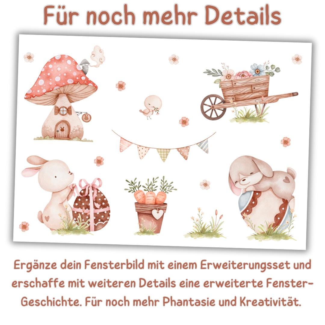 Fensterdeko Frühling – Fensterbild mit Häschen & Möhrenhaus, frühlingshafte Fensterdeko mit Blumen – 