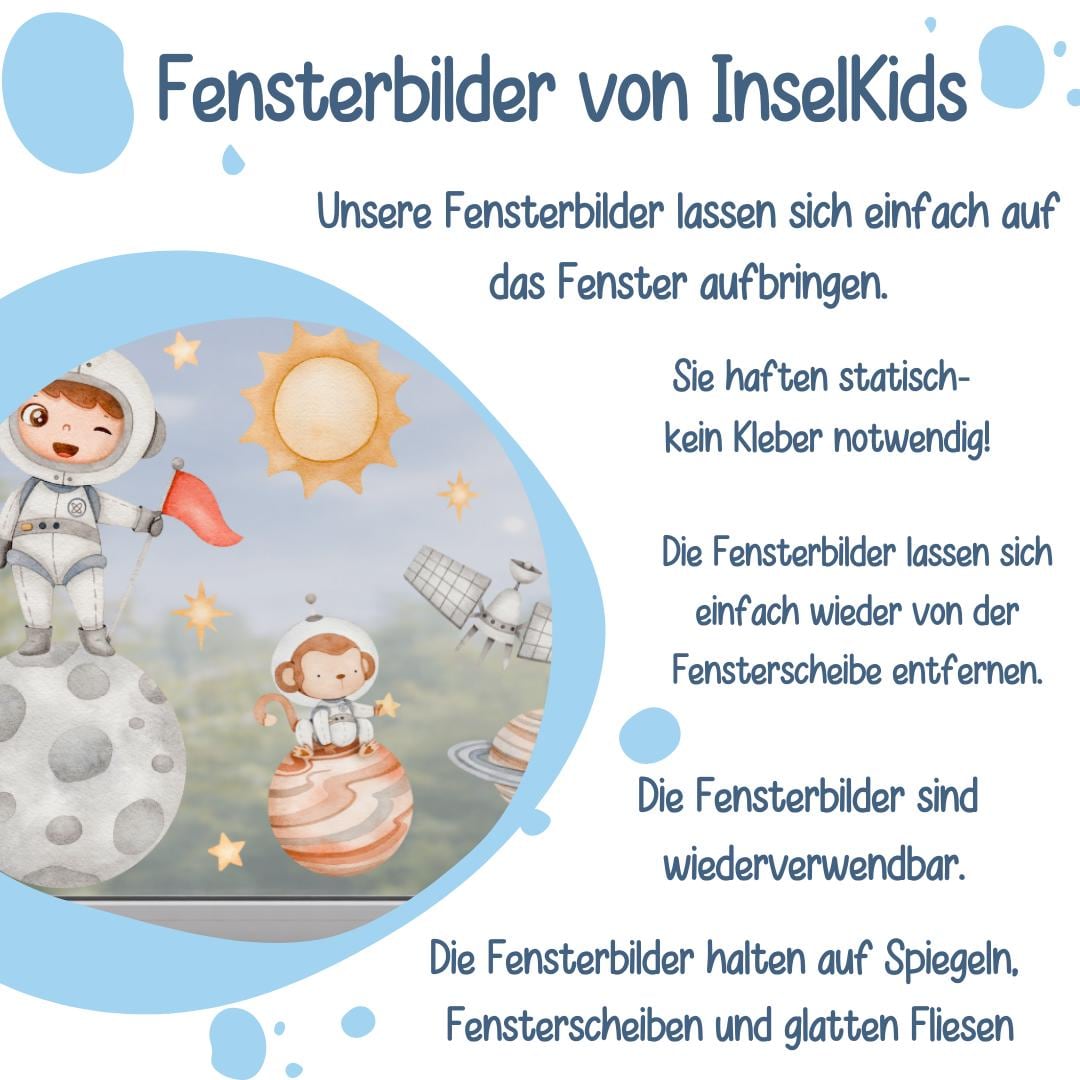 Fensterdeko Weltraum – Fensterbild mit Astronaut, Rakete & Planeten, fantasievolle Fensterdeko fürs zimmer – 