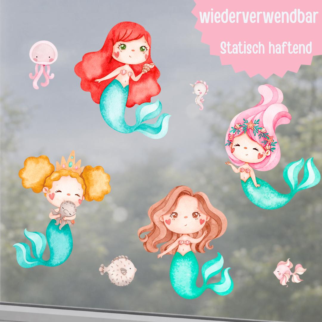 Fensterdeko Meerjungfrau – Fensterbild Unterwasserwelt mit Meerjungfrauen & Meerestieren fürs zimmer – 