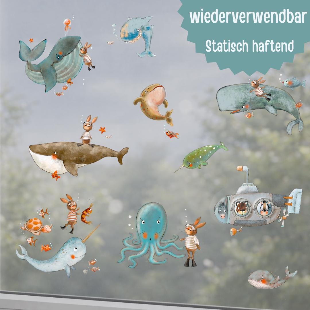 Fensterbild Meerestiere – niedliche Unterwasserwelt für zimmer – statisch haftend & wiederverwendbar – 