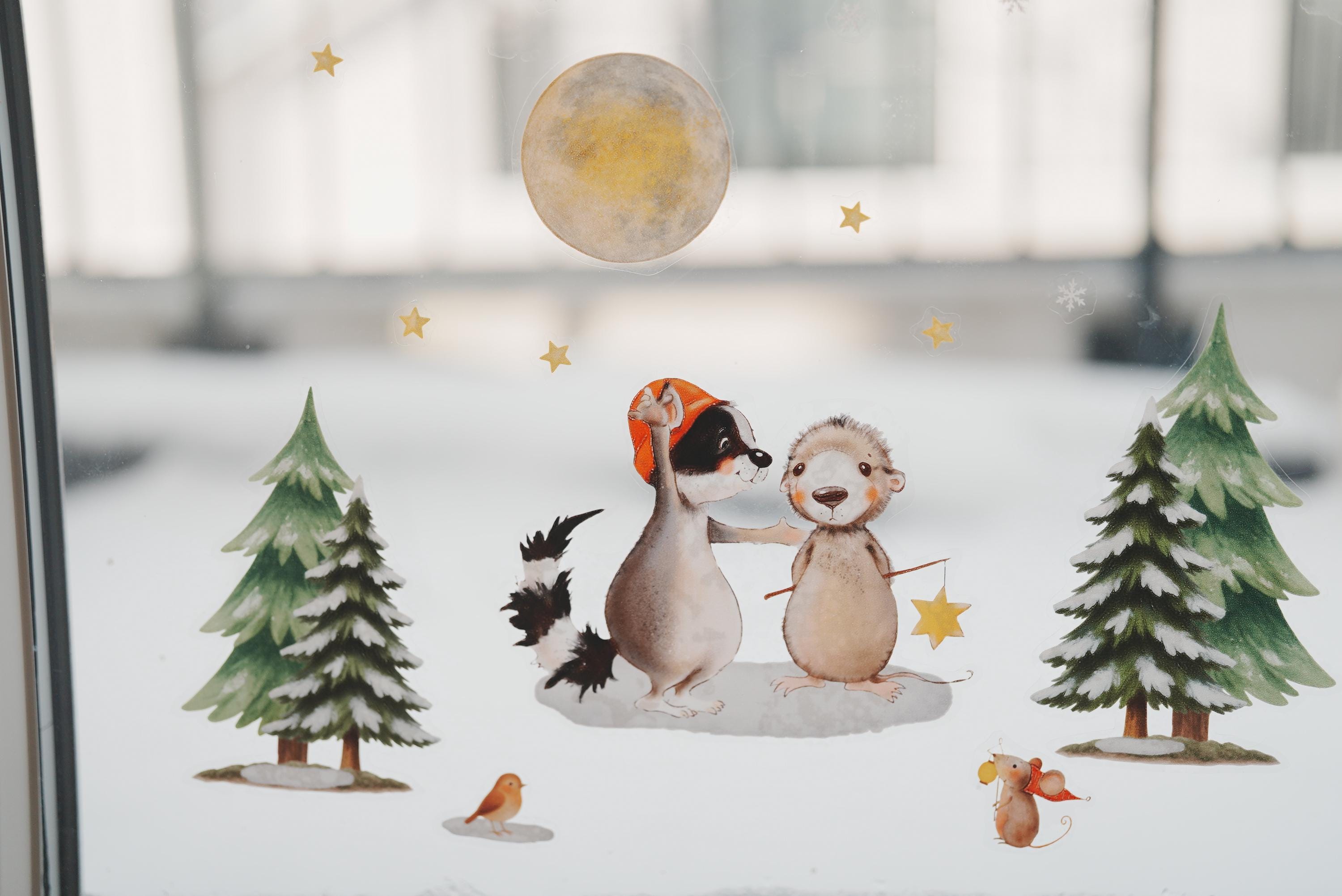 Fensterbild Winter Waldtiere – Winterlandschaft mit Reh, Igel & Sternen – Winterdeko Fenstersticker Advent und Winterdeko – 