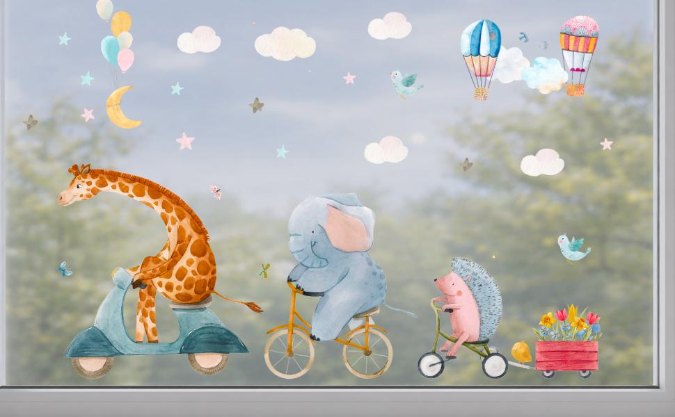 Frühlings-Fensterbilder Kinderzimmer – Tiere auf Rädern – Giraffe, Elefant & Igel – statisch haftende Fensterdeko – 