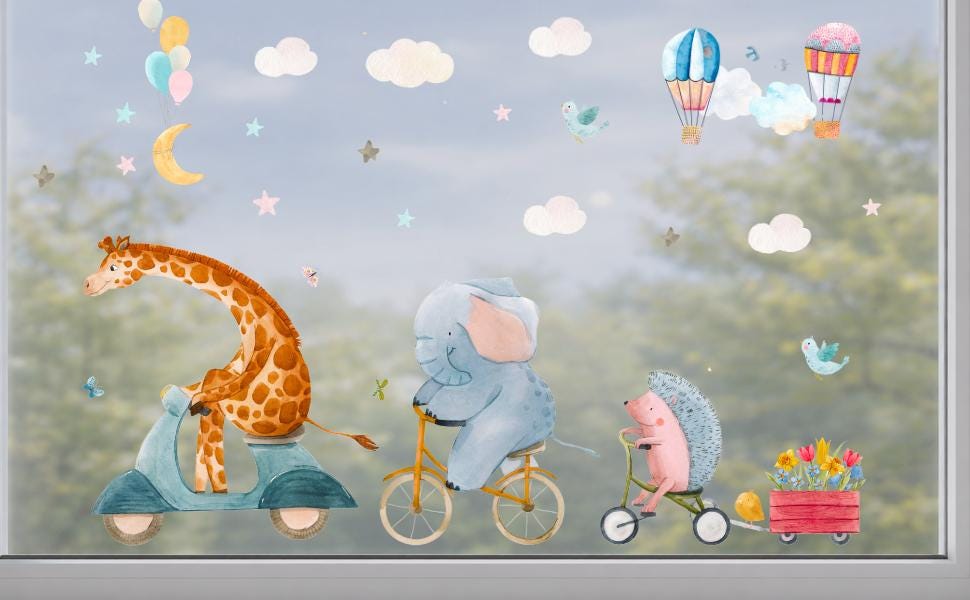 Frühlings-Fensterbilder zimmer – Tiere auf Rädern – Giraffe, Elefant & Igel – statisch haftende Fensterdeko – 
