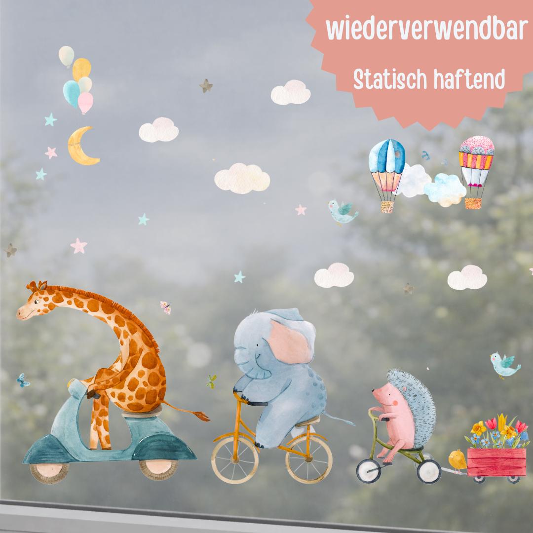 Frühlings-Fensterbilder Kinderzimmer – Tiere auf Rädern – Giraffe, Elefant & Igel – statisch haftende Fensterdeko – 