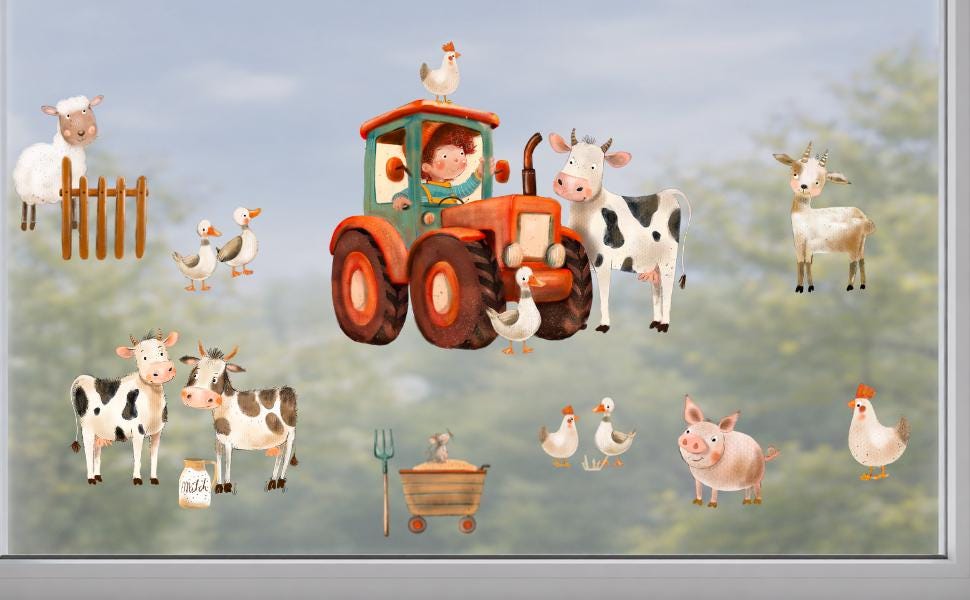 Fensterbild Bauernhof mit Tieren – niedliche Tiere & Traktor – statisch haftend und wiederverwendbar – zimmer Deko – 