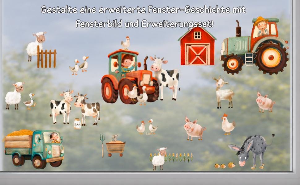 Fensterbild Bauernhof mit Tieren – niedliche Tiere & Traktor – statisch haftend und wiederverwendbar – zimmer Deko – 