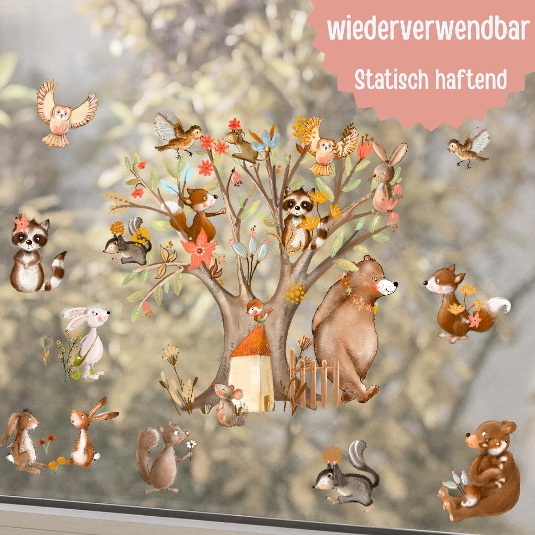 Frühlings-Fensterbild zimmer Waldtiere – statisch haftende Fensterdeko Frühling – Tiere im Baum Babyzimmer – 