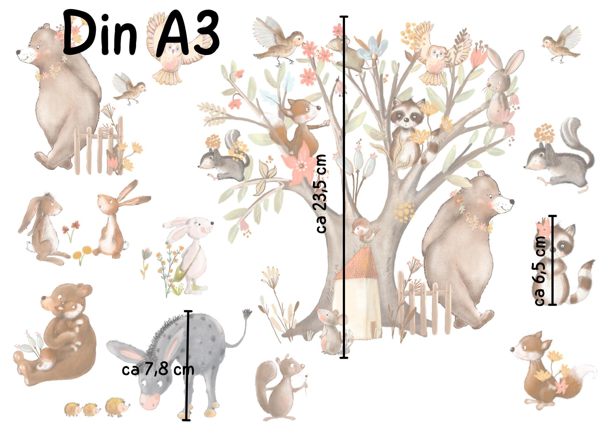 Frühlings-Fensterbild zimmer Waldtiere – statisch haftende Fensterdeko Frühling – Tiere im Baum Babyzimmer – 