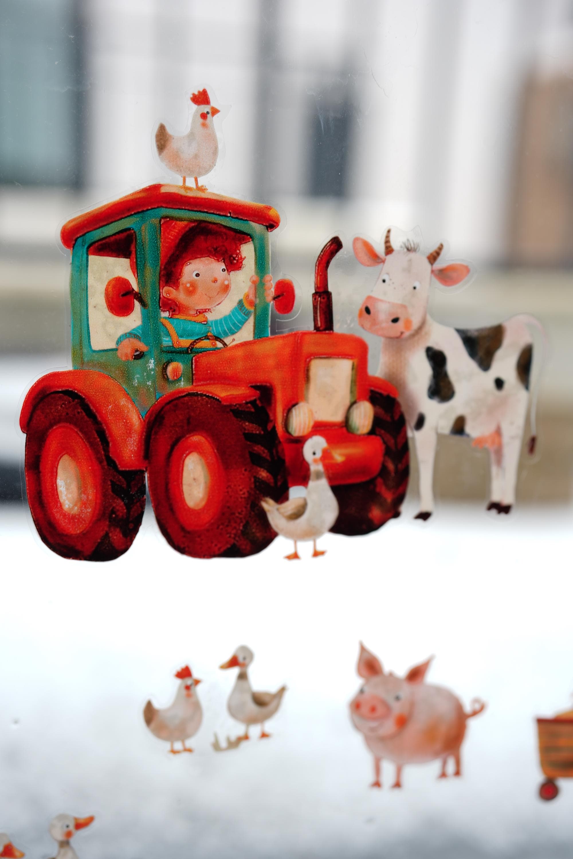 Fensterbild Bauernhof mit Tieren – niedliche Tiere & Traktor – statisch haftend und wiederverwendbar – zimmer Deko – 