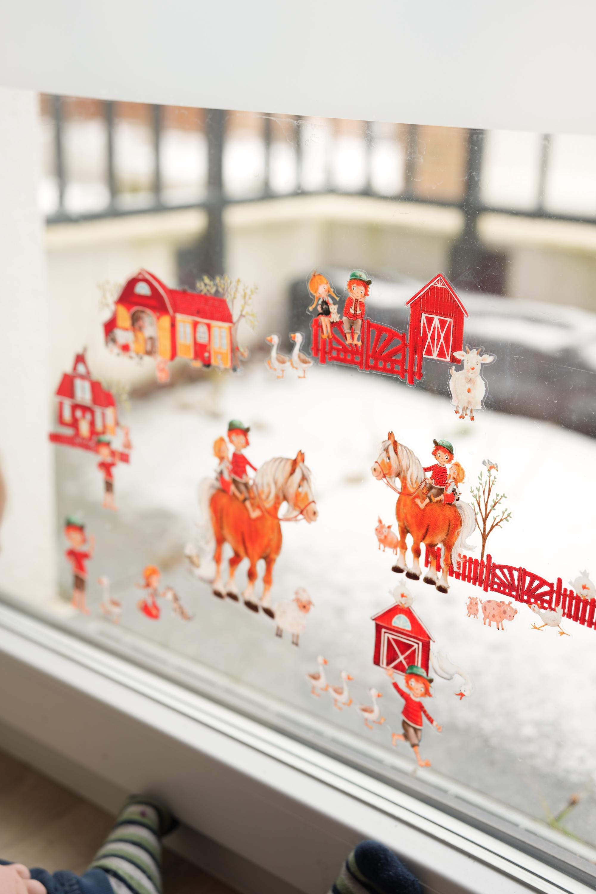 Frühlings-Fensterbilder Bauernhof – statisch haftende Fensterdeko zimmer – Kleiner Lausbub & Bauernhofszene – 