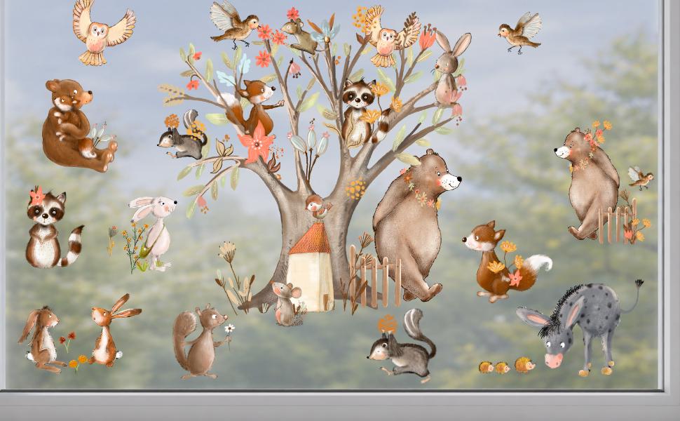 Frühlings-Fensterbild zimmer Waldtiere – statisch haftende Fensterdeko Frühling – Tiere im Baum Babyzimmer – 
