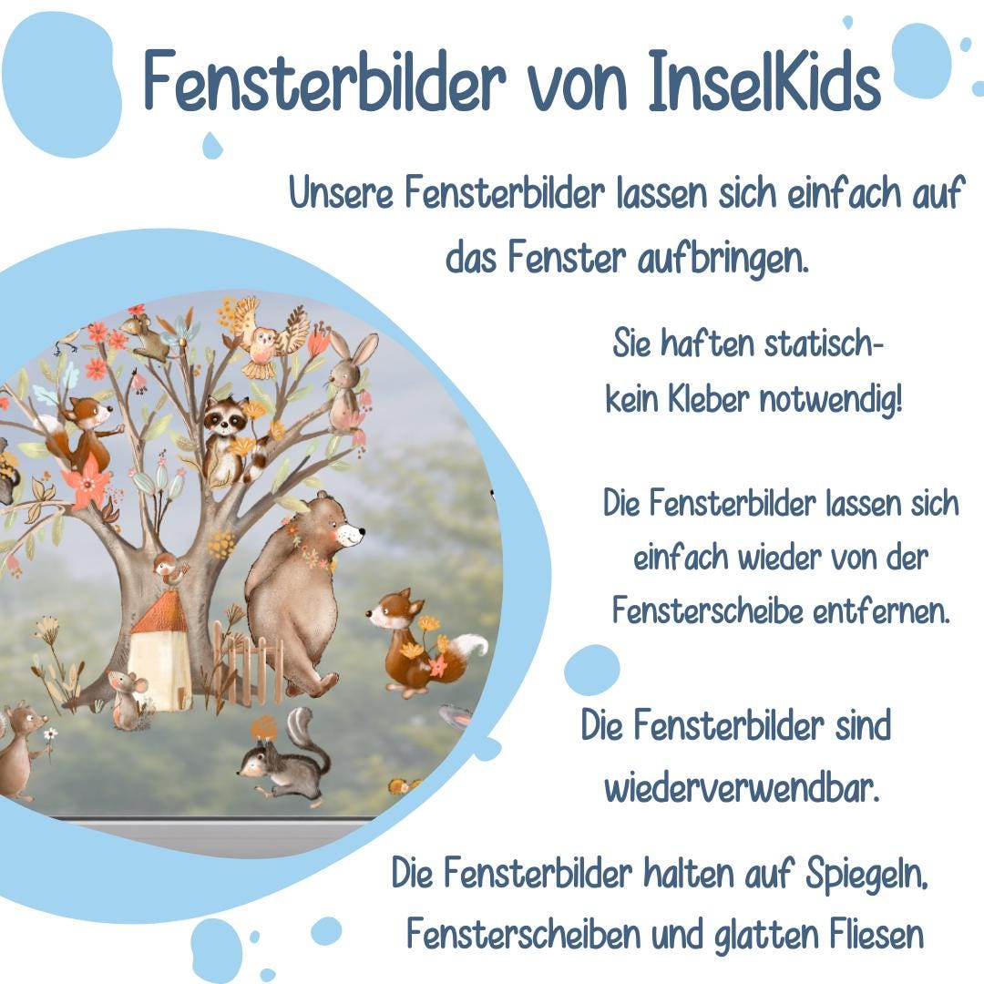 Frühlings-Fensterbild zimmer Waldtiere – statisch haftende Fensterdeko Frühling – Tiere im Baum Babyzimmer – 