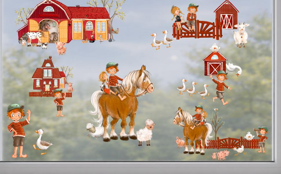 Frühlings-Fensterbilder Bauernhof – statisch haftende Fensterdeko zimmer – Kleiner Lausbub & Bauernhofszene – 