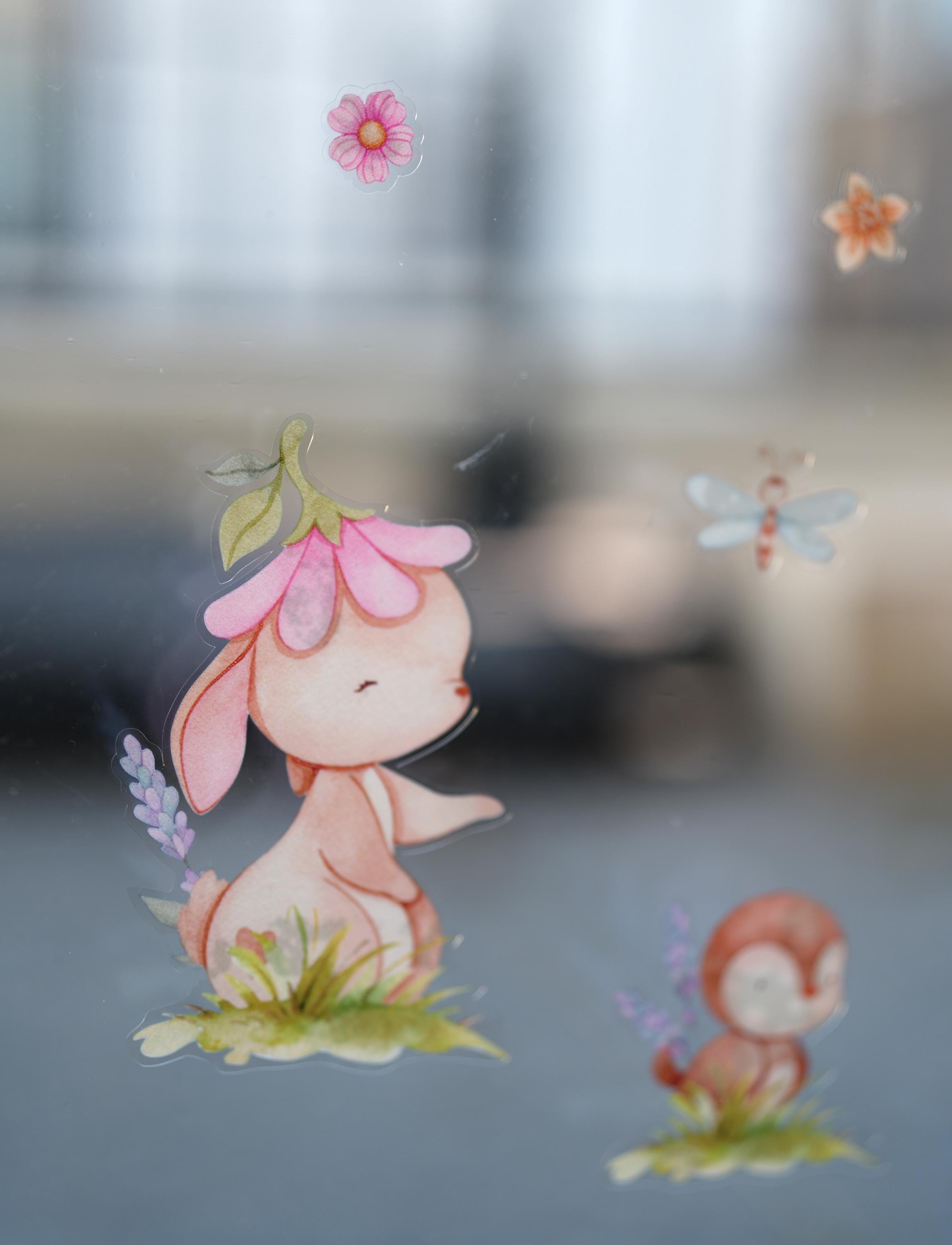 Fensterbild Frühling mit Tieren & Blumen – statisch haftende Fensterdeko – wiederverwendbar – 